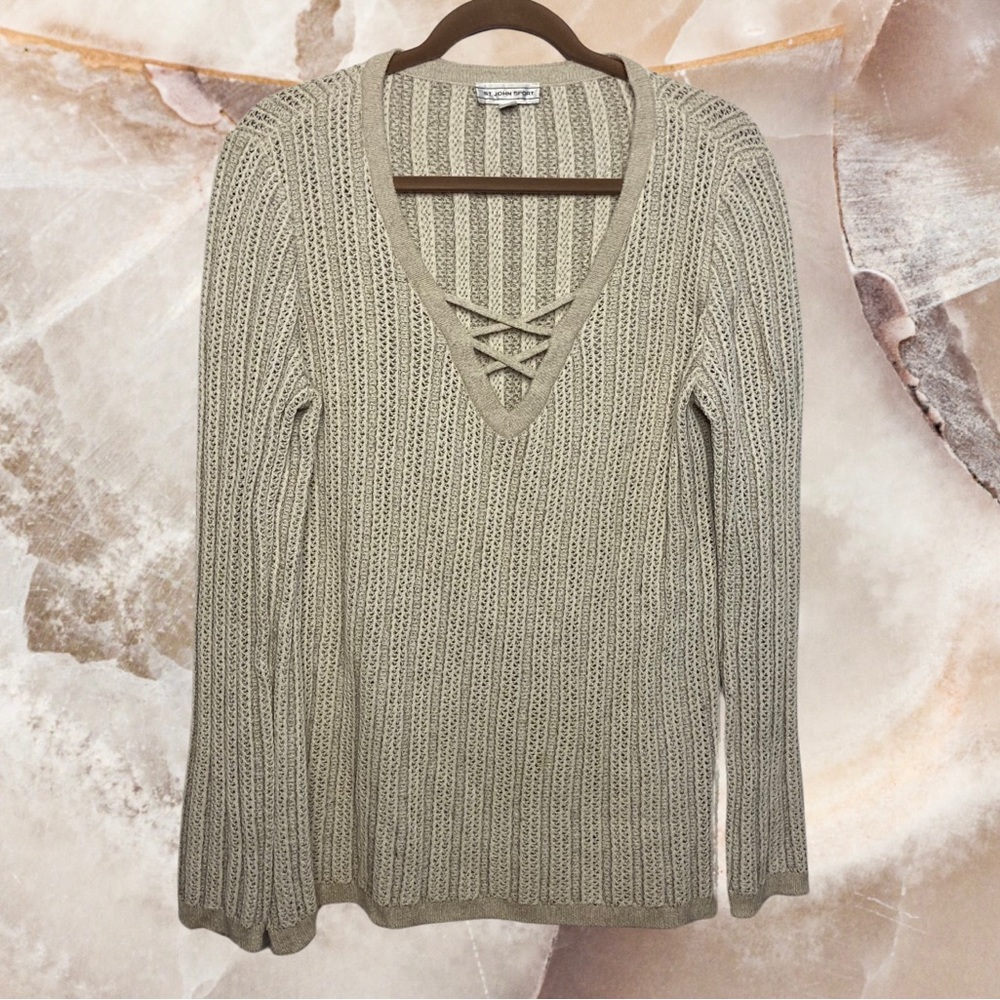 St. John Sport Tan/Beige Knit Pullover V-Neck Sweater - Size L - Made in USA